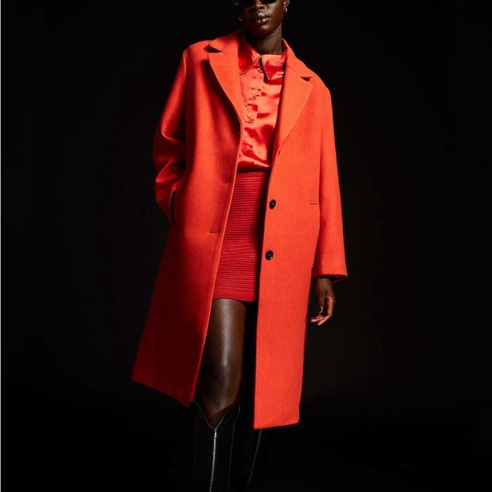 H&M Women Orange Wool Blend Long Coat Size S Classic Button Front